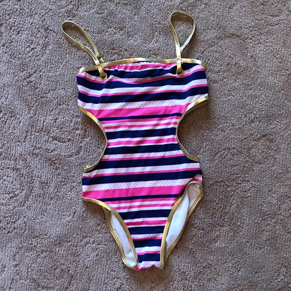 Kids cutout one piece striped bathing suit - Picture 1 of 7